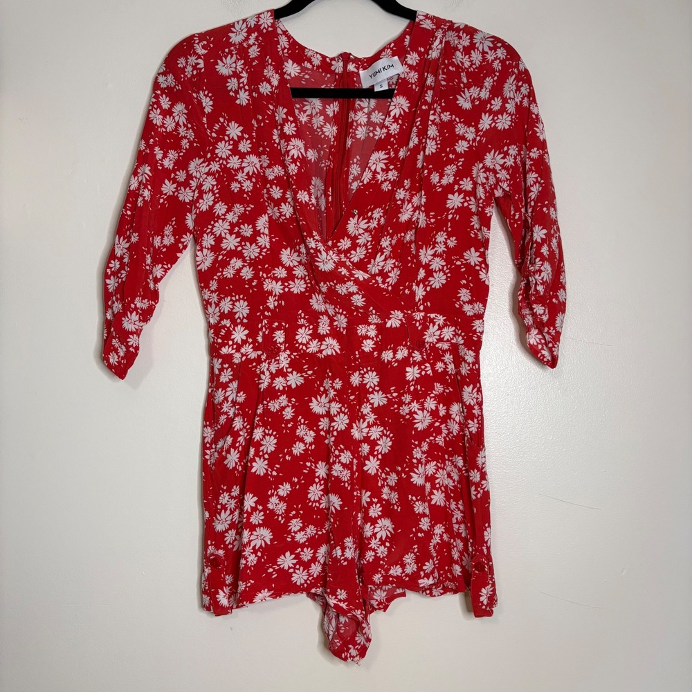 Yumi Kim Red Floral Print V Neck 3/4 Sleeve Romper Women's Size S